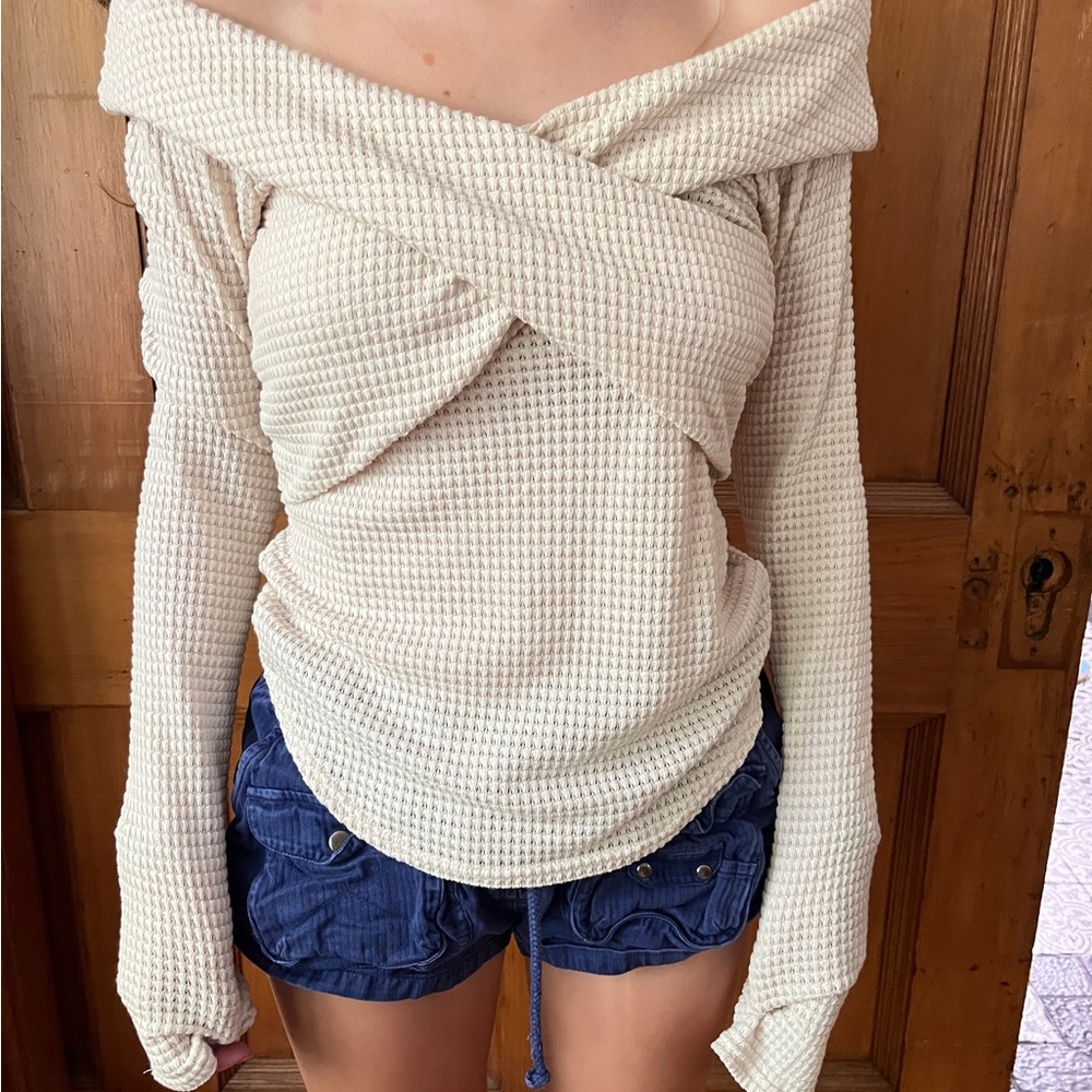 Free people off the shoulder thermal top in beige.